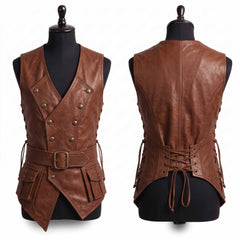 Two panel studio comparison showing front double breasted button placket and rear corset lace up back of brown leather medieval waistcoat