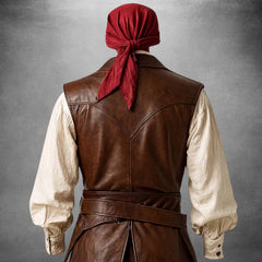 Detailed shot of the pirate waistcoat's back panel construction, highlighting clean saddle stitching and split peplum hem.