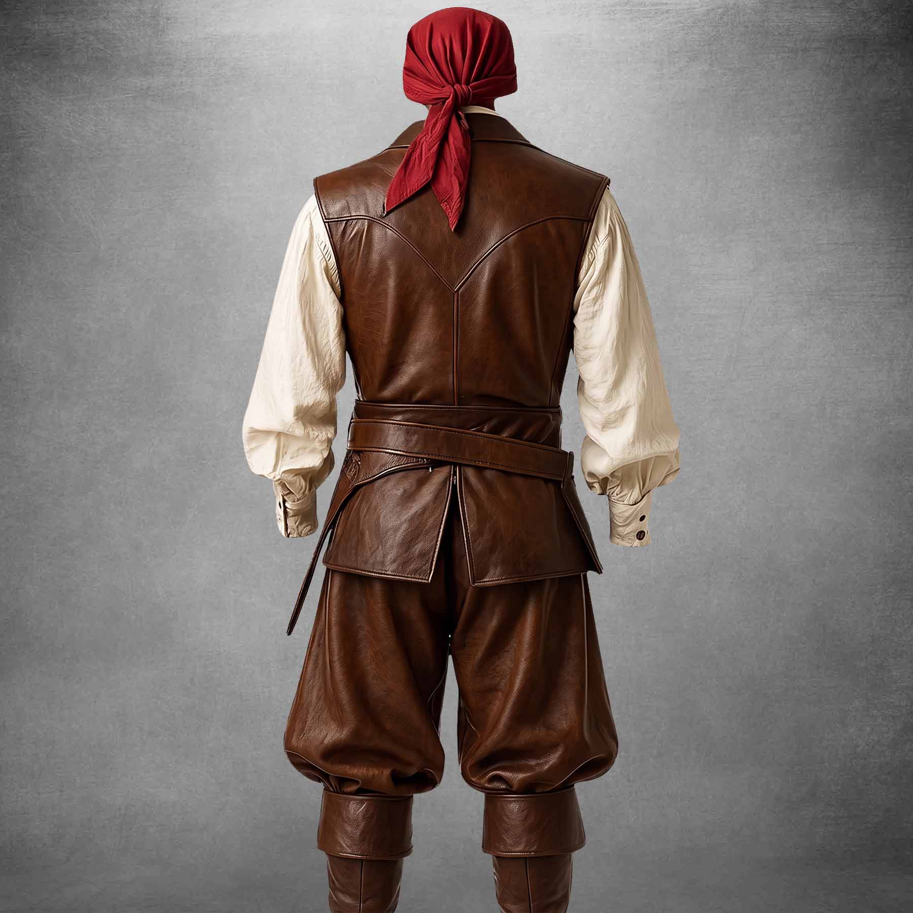 Rear view of the brown leather pirate waistcoat displaying the tailored back yoke seam, side-split peplum flaps, and gathered trouser cut.