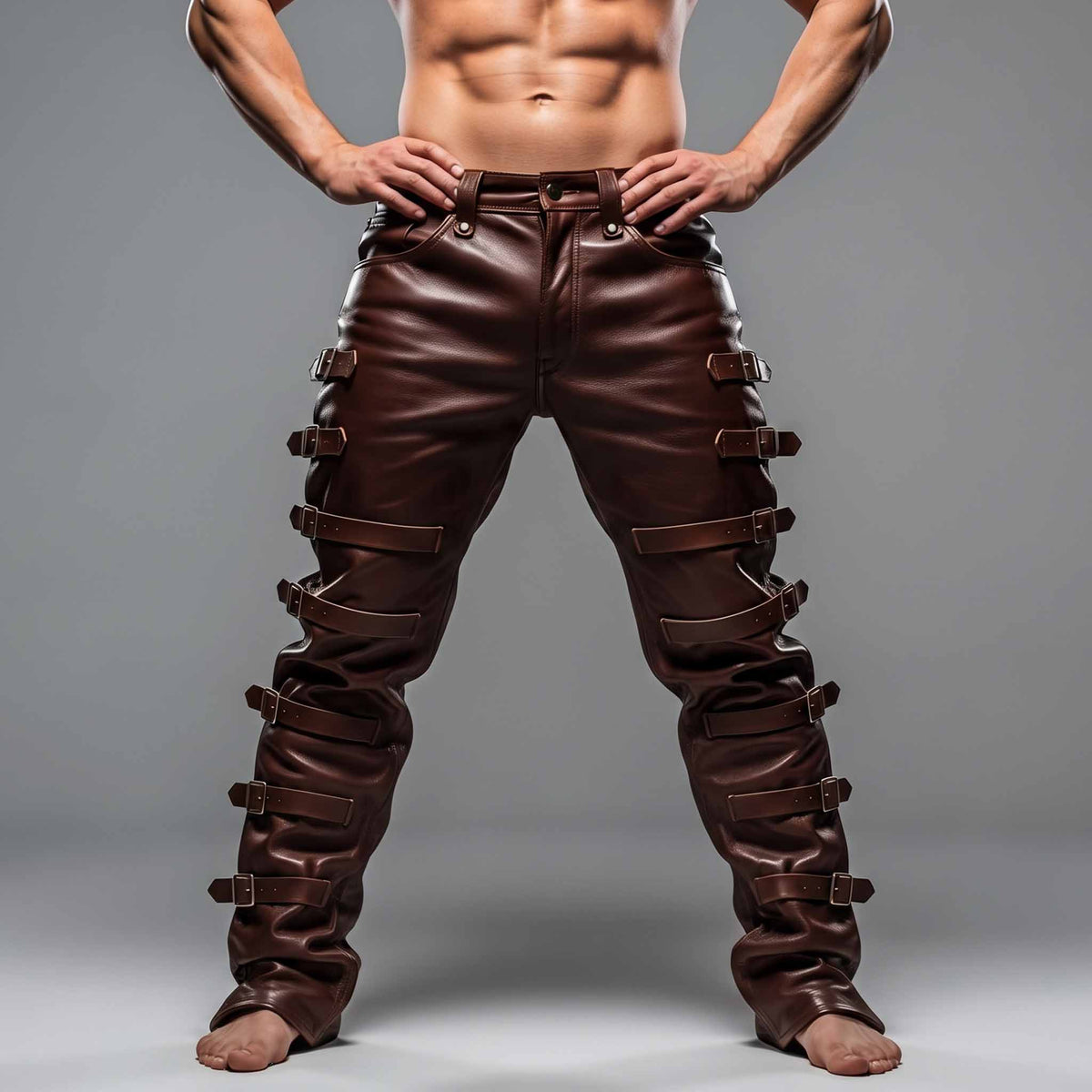 Full front view of muscular man wearing handmade brown cowhide leather pants with multiple side roller buckle straps on grey background