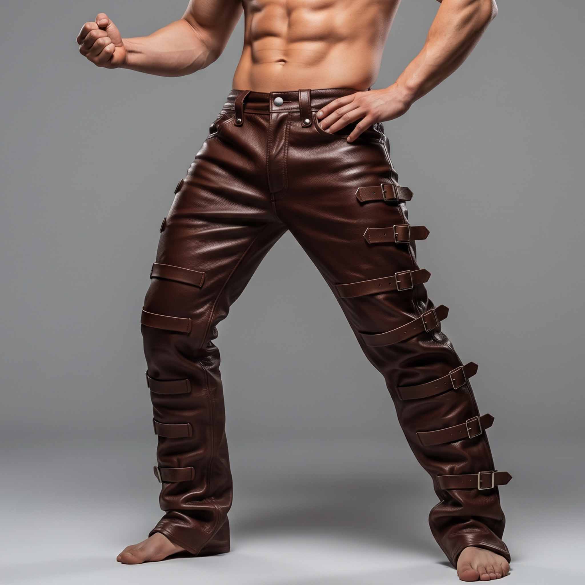 Dynamic front three-quarter pose of man wearing brown leather steampunk trousers highlighting adjustable outer leg buckle straps
