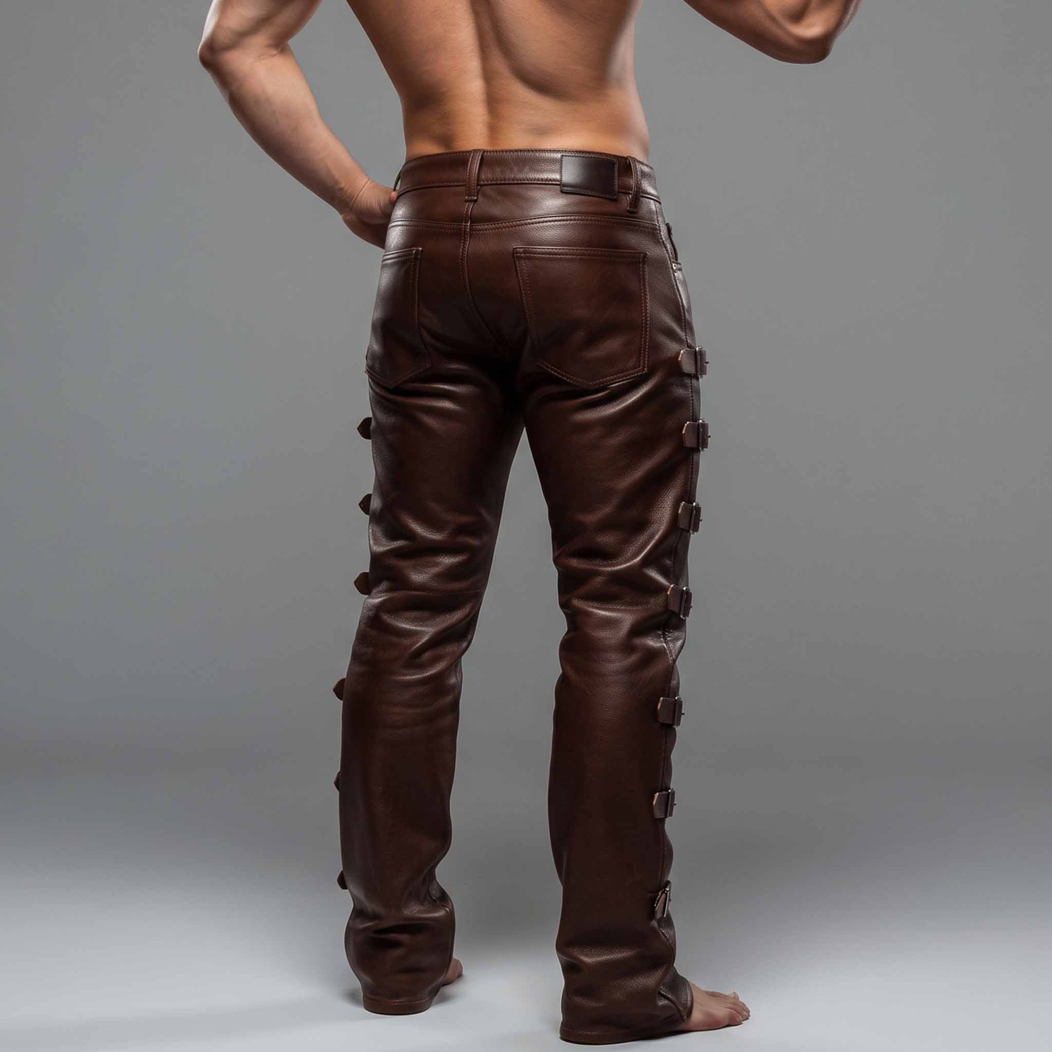 Rear view of man wearing brown genuine leather pants displaying five-pocket jean styling, reinforced back seams, and side buckles