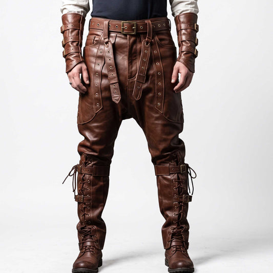 Full front shot of man wearing handmade brown cowhide leather warrior pants with drop crotch cut, suspended eyelet straps, and matching leather arm bracers