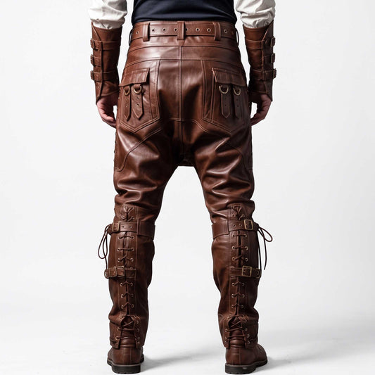Back view of mens brown leather medieval costume set showing rear utility cargo pouches with D rings and speed lacing along the calves