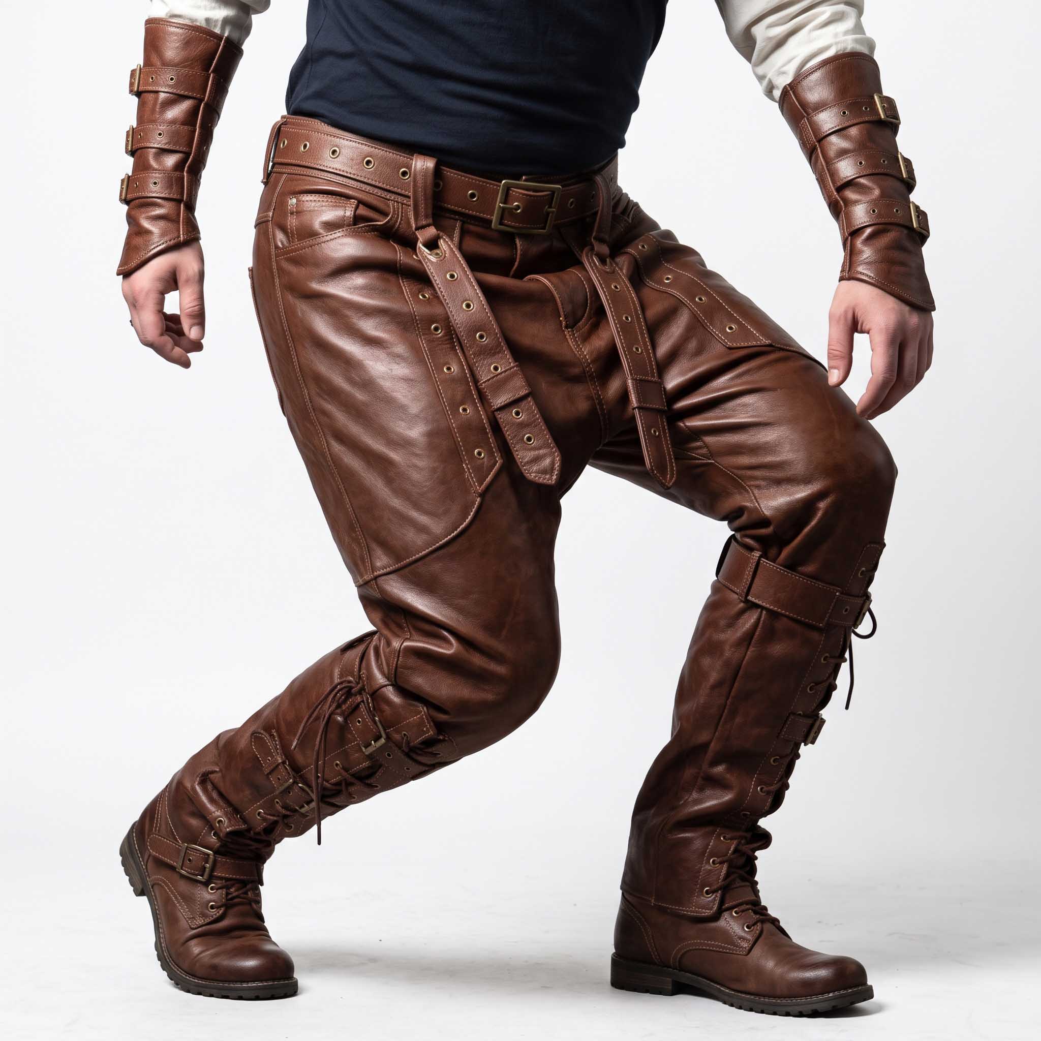Action movement shot of man posing in brown leather fantasy warrior pants demonstrating flexibility and loose thigh mobility