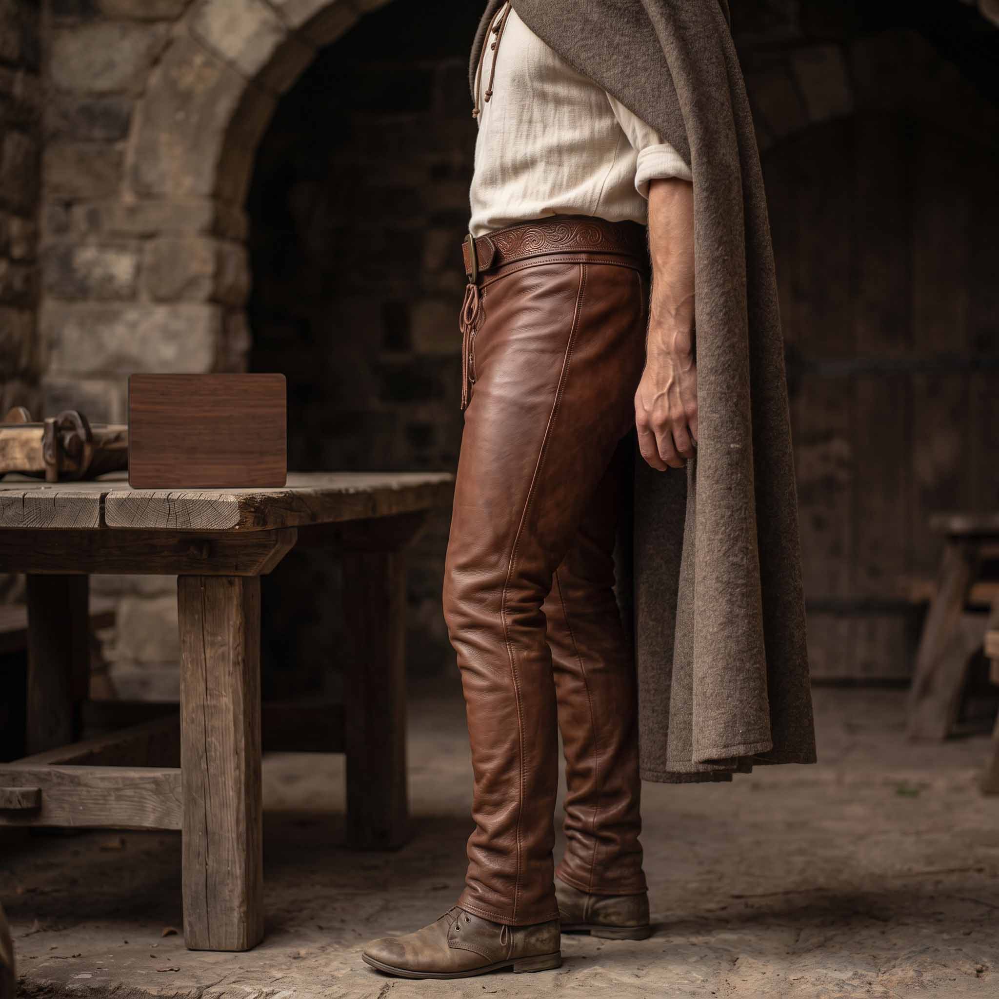 Side profile view of tailored brown leather medieval pants detailing smooth leather grain and tapered leg cut beside a rustic wooden table