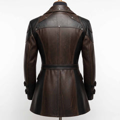Back view of mens two tone brown leather frock coat showing riveted back yoke, black waist belt, and tailored spine seams