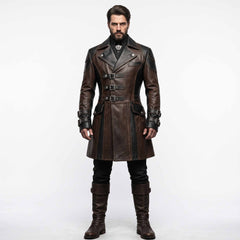 Full length front studio portrait of bearded man wearing handmade brown and black leather steampunk officer coat with tall riding boots on white background