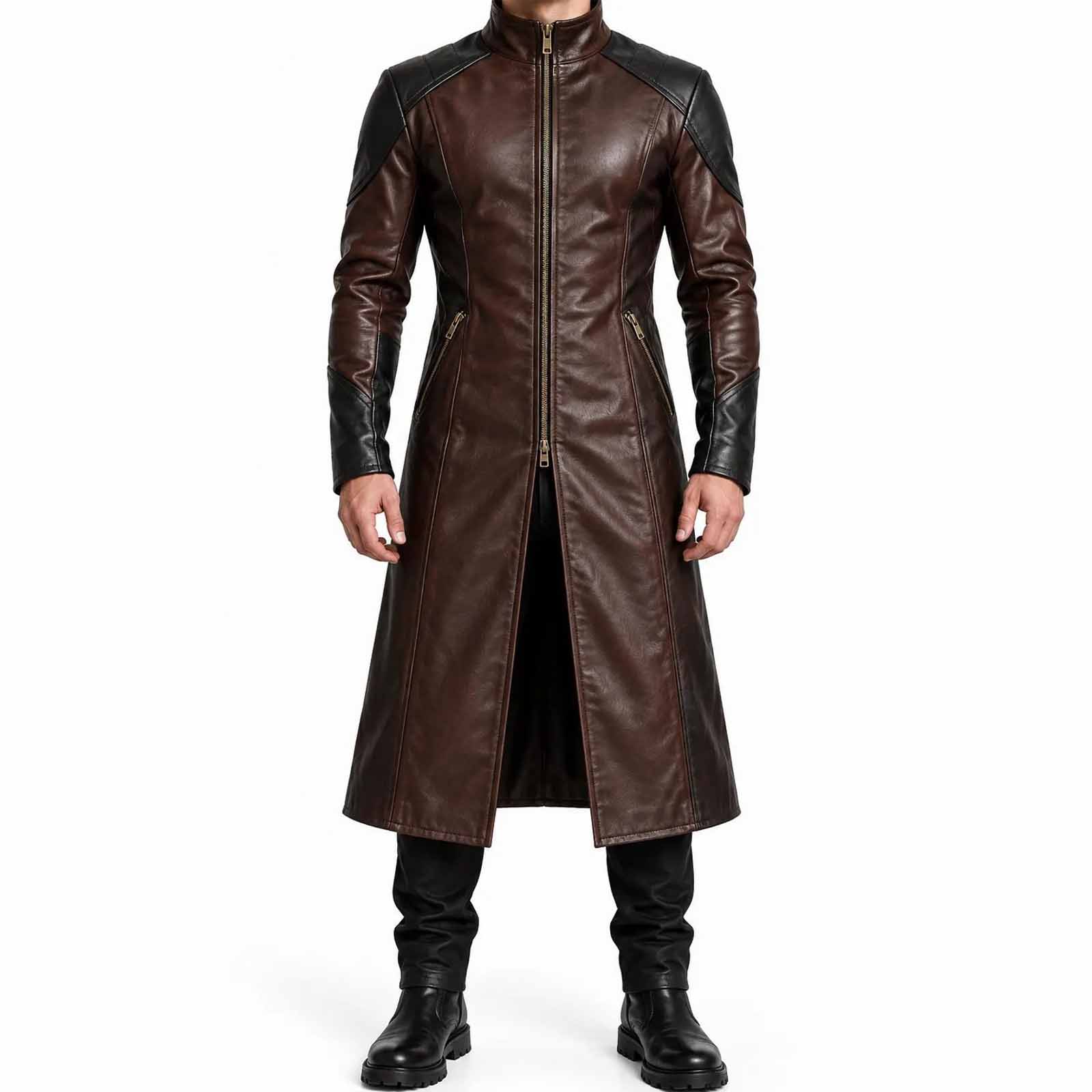 Full length front view of man wearing handmade two tone brown and black genuine cowhide leather trench coat with dual front zipper on white background