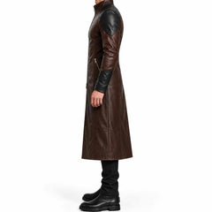Side profile full length view of mens tailored brown and black leather trench coat showing fitted sleeve cuffs and high mandarin collar