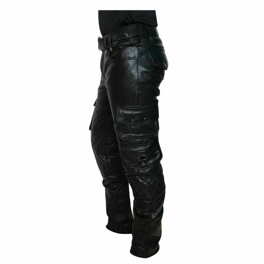 Side profile view of men's black cowhide leather cargo trousers displaying stacked snap-flap pockets and diamond-quilted knee panels.