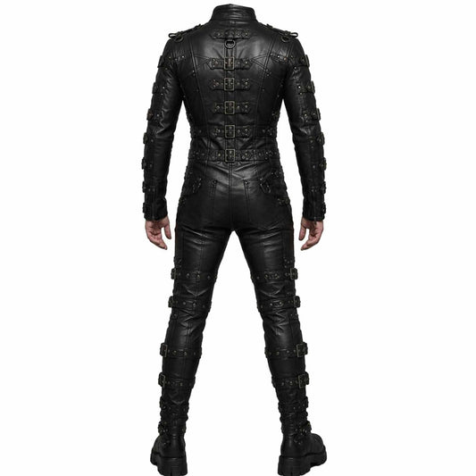 Rear view of men's leather bondage harness suit showing back panel seams, rear buckle adjustments, and studded details.