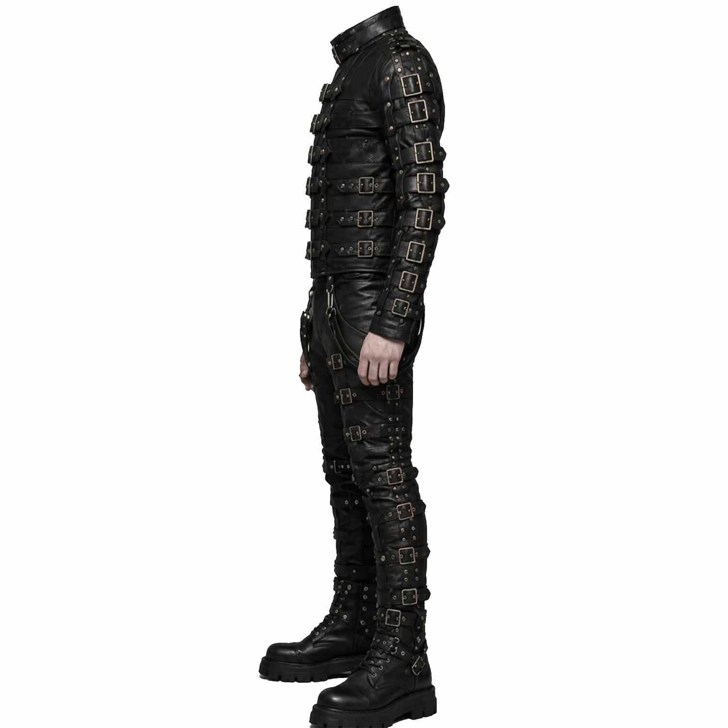Side profile view of black leather buckled harness jacket and pants outfit displaying sleeve buckles and leg bands.