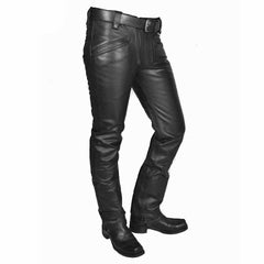 Pantalones de cuero de vaca para hombre tipo carpintero, pantalones de motorista, corte ajustado, pantalones gay