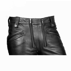 Pantalones de cuero de vaca para hombre tipo carpintero, pantalones de motorista, corte ajustado, pantalones gay