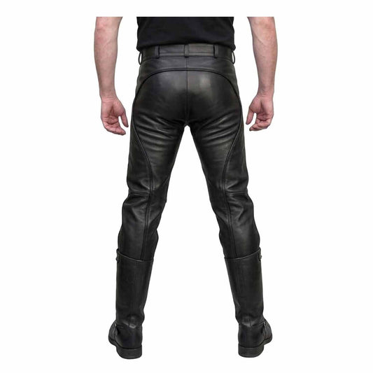 Rear angle view showing the saddle back seam paneling and sculpted fit of men's black leather breeches.