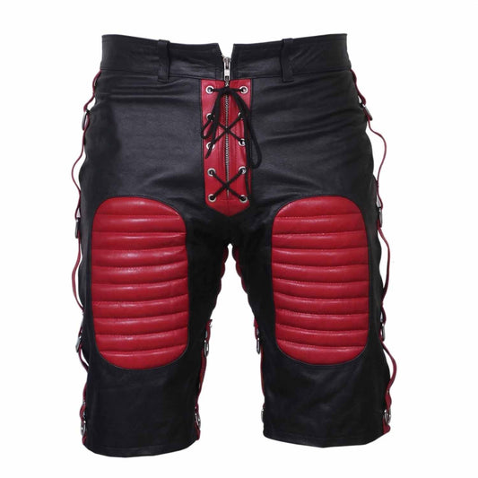 Front view of men's black cowhide leather bondage shorts featuring red padded thigh panels, red lace-up zip fly, and side D-ring straps.