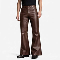 Front view of a man wearing dark brown genuine lambskin leather bell bottom pants with a high waist and wide flared hem.