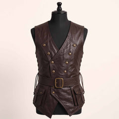 Back studio shot of dark brown leather medieval doublet showing curved spine seams, side eyelet cords, and lower back corset ties