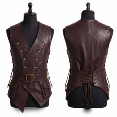 Two panel studio comparison showing front double breasted button placket and rear corset lace up back of dark brown leather medieval waistcoat