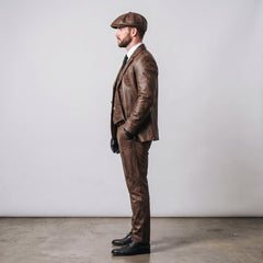 Men's Distressed Brown Leather 4-Piece Suit Set | Vintage Victorian Steampunk Blazer, Waistcoat, Pants & Newsboy Flat Cap