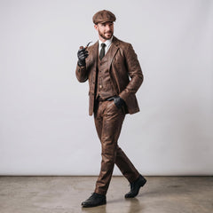 Men's Distressed Brown Leather 4-Piece Suit Set | Vintage Victorian Steampunk Blazer, Waistcoat, Pants & Newsboy Flat Cap