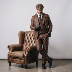 Men's Distressed Brown Leather 4-Piece Suit Set | Vintage Victorian Steampunk Blazer, Waistcoat, Pants & Newsboy Flat Cap
