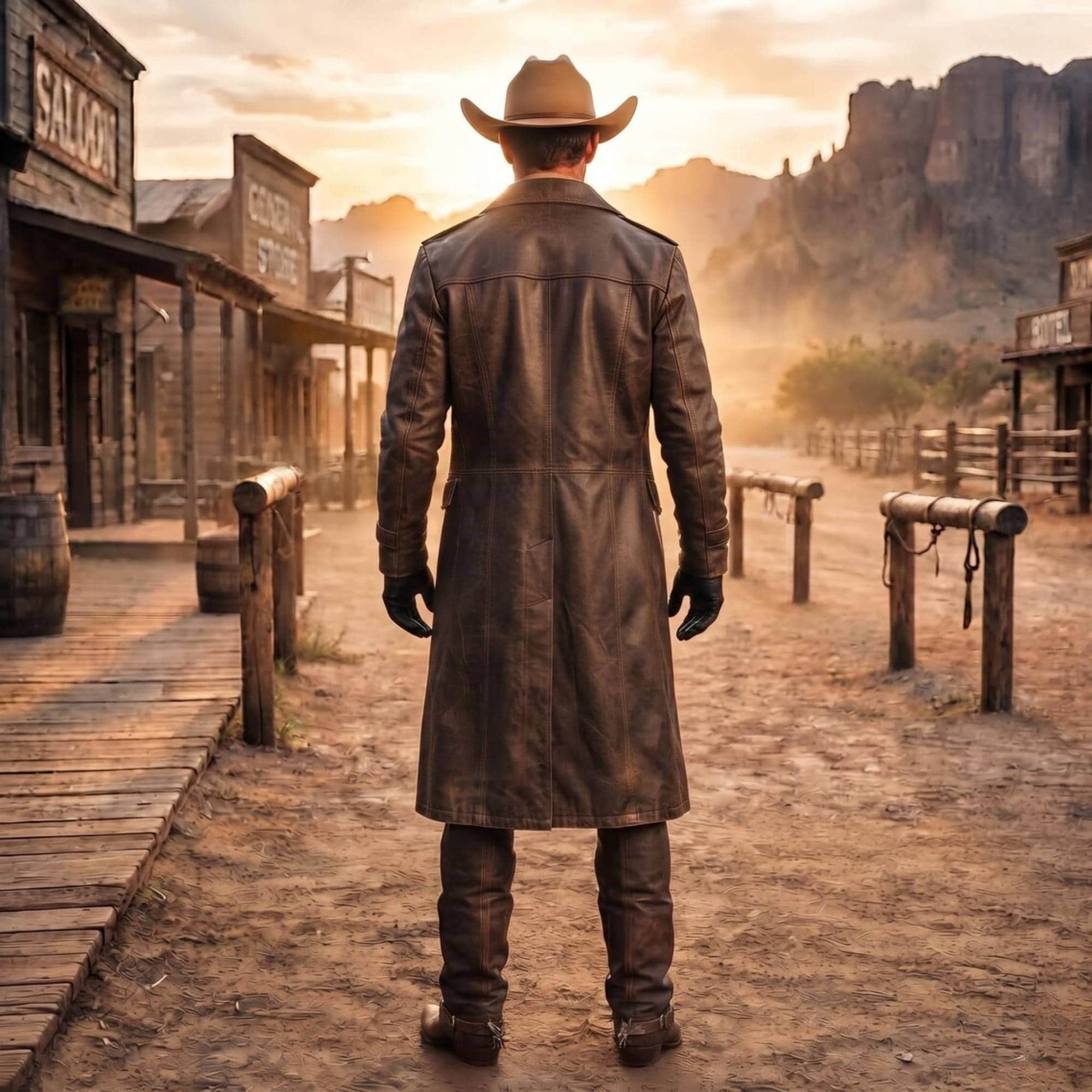 Rear full body view of cowboy looking down desert road showing tailored back yoke and split riding vent of brown leather duster coat
