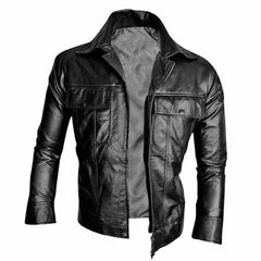 Front view of an unzipped men's black lambskin leather jacket showing the inner lining and wide retro collar.