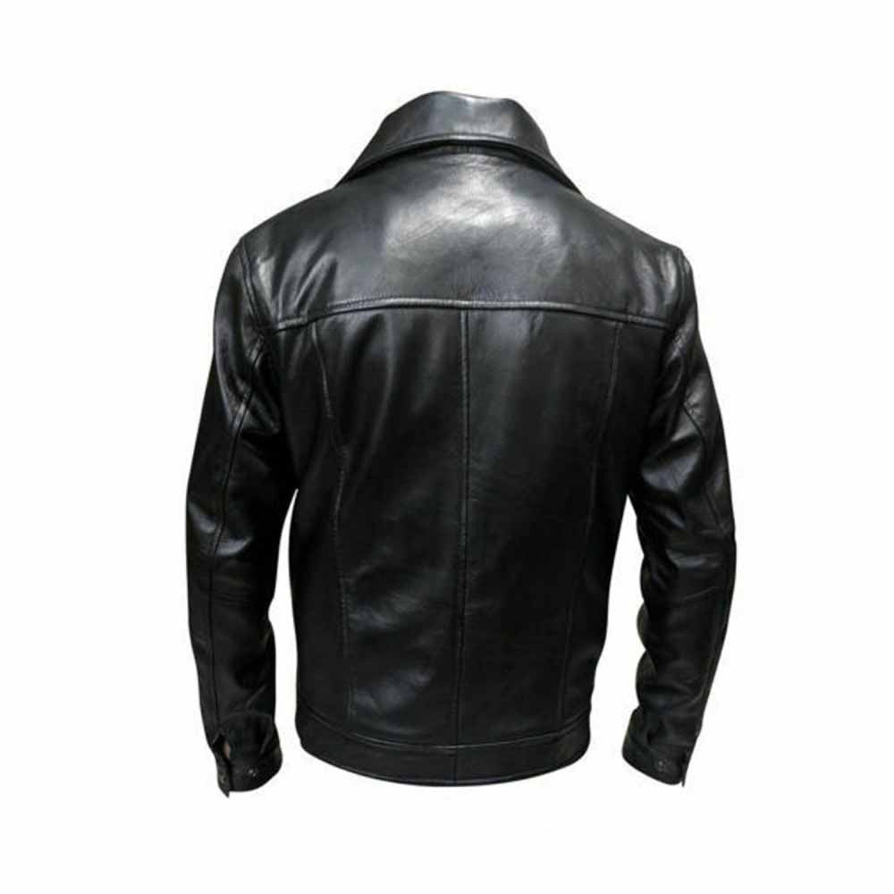 Back profile of a men's black soft lambskin leather jacket detailing clean panel seams and yoke stitching.