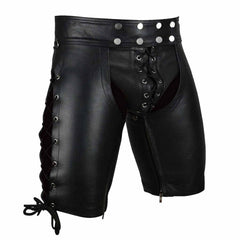 Men's Genuine Black Cow Leather Laced Chaps Club wear Shorts With Jockstrap