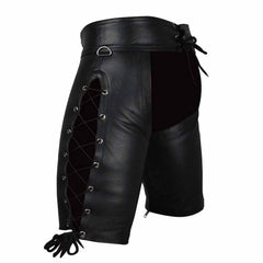 Men's Genuine Black Cow Leather Laced Chaps Club wear Shorts With Jockstrap