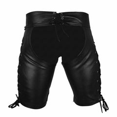 Men's Genuine Black Cow Leather Laced Chaps Club wear Shorts With Jockstrap