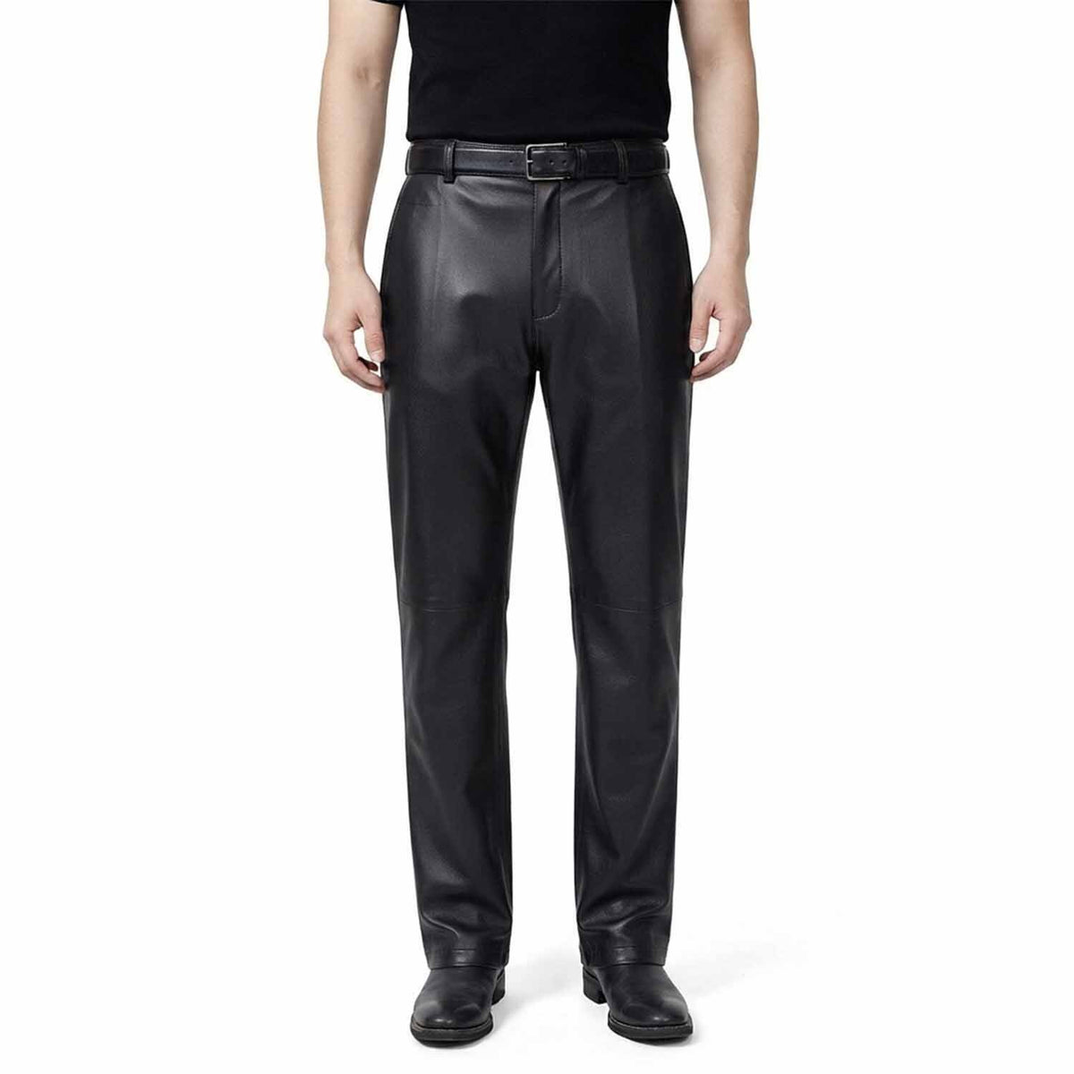 Full-length front view of a man wearing classic-fit blsck leather formal trousers with a smooth finish and straight leg.