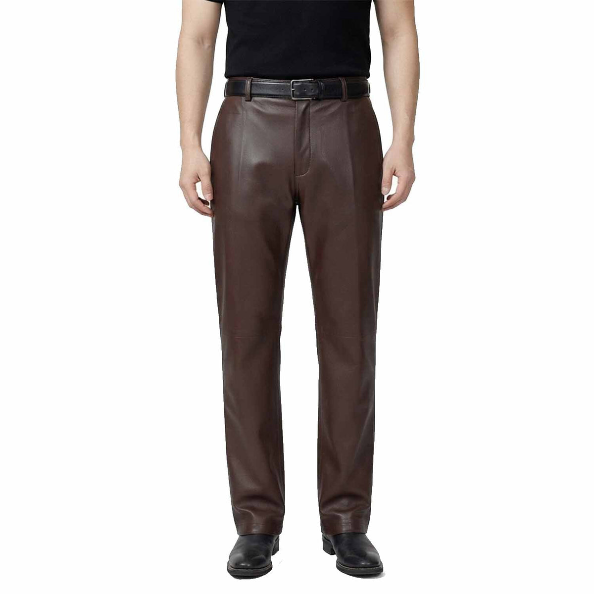 Full-length front view of a man wearing classic-fit brown leather formal trousers with a smooth finish and straight leg.