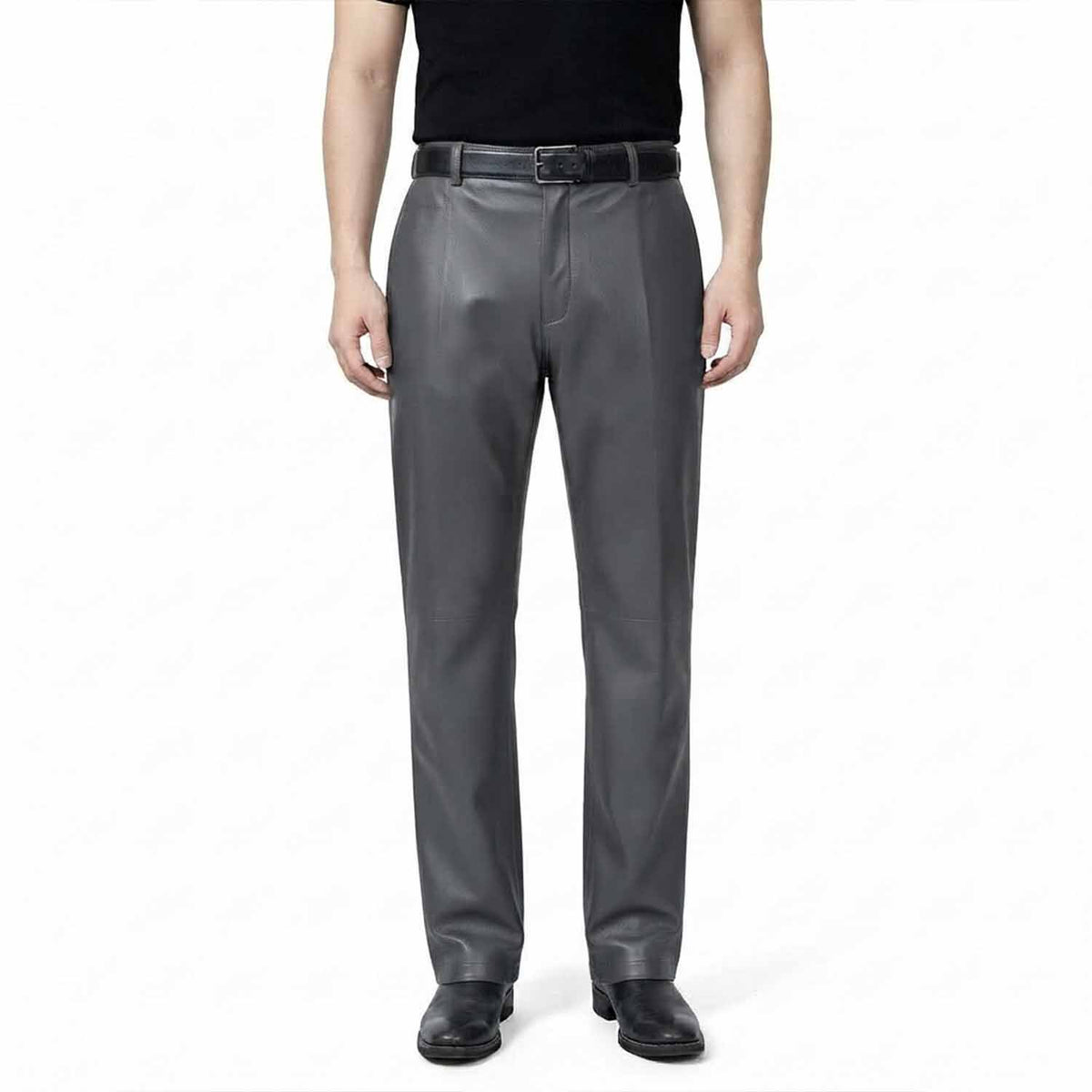 Full-length front view of a man wearing classic-fit gray leather formal trousers with a smooth finish and straight leg.