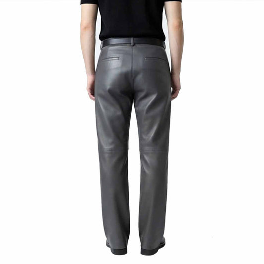Rear view of men's gray leather formal trousers highlighting tailored back pockets and a sharp, polished silhouette.