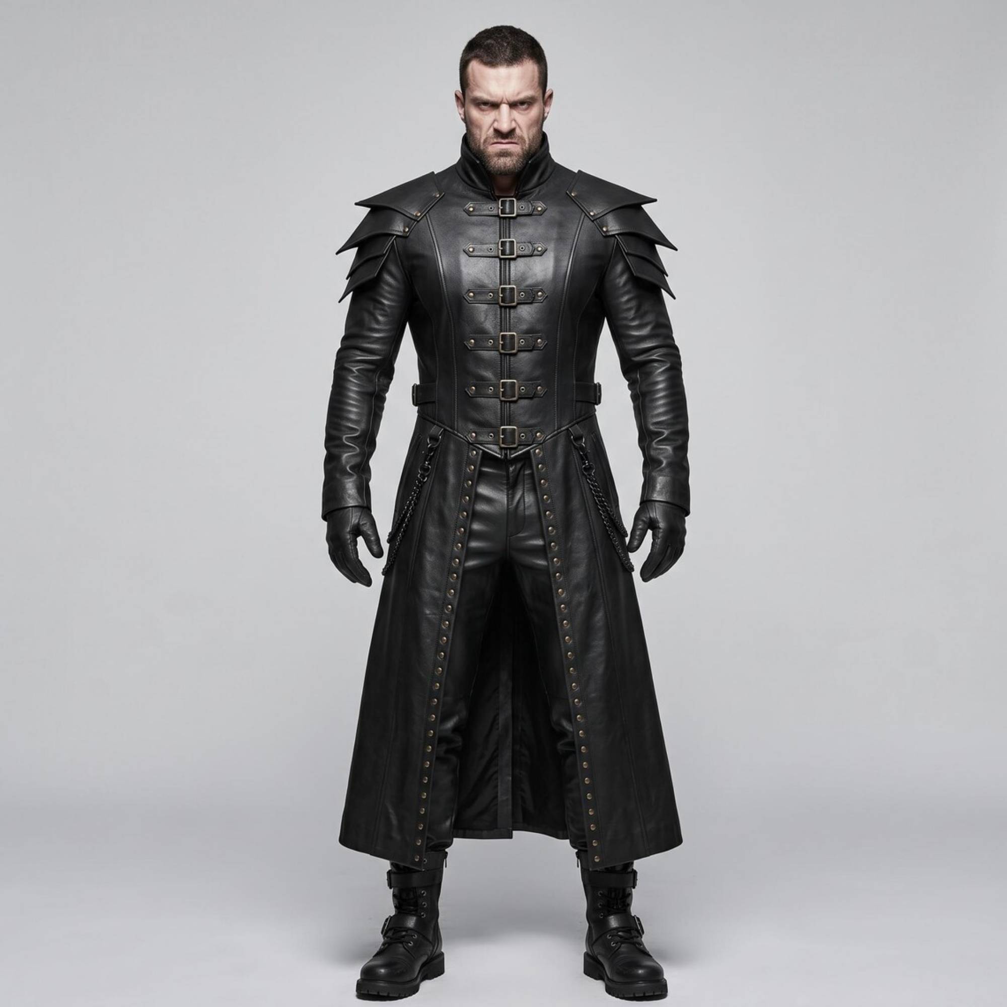 Full length front view of muscular man wearing handmade black leather gothic warrior armor coat and pants set with tiered pauldrons and front buckles