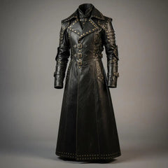 Full length front view of handmade black leather gothic trench coat featuring antique brass studs, triple front buckle closures, and armor pauldrons