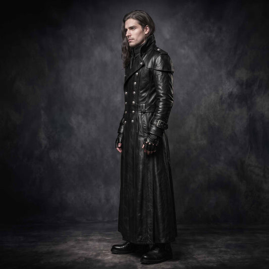 Side profile angle of man wearing full length black leather gothic duster coat detailing high collar shoulder capelet and buckled sleeve cuffs