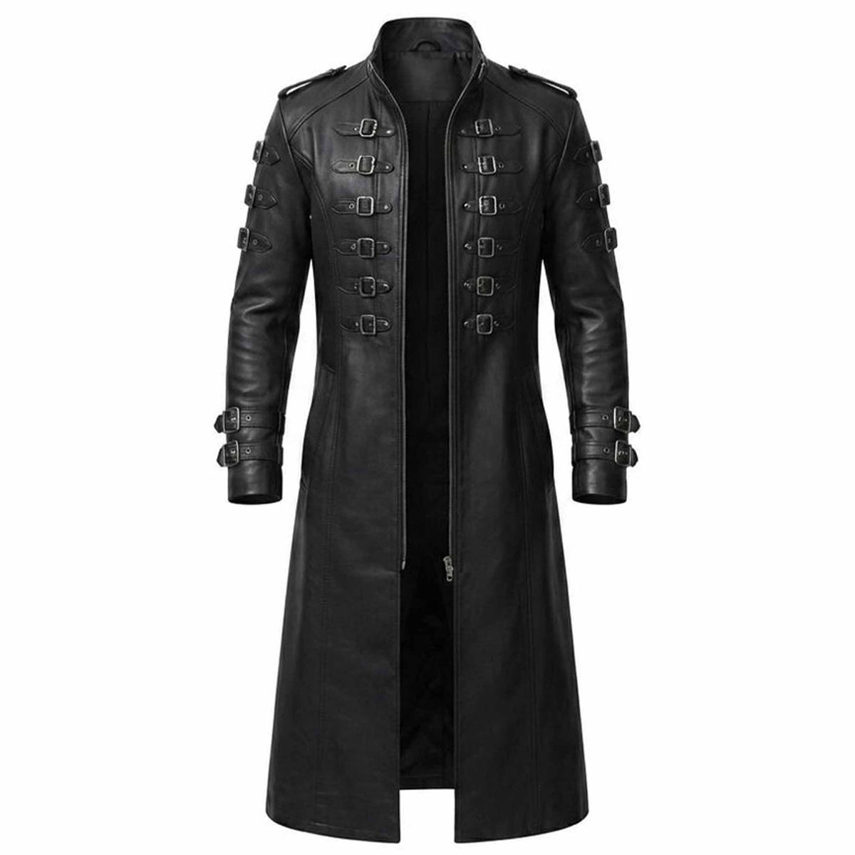 Front view of handmade black genuine leather gothic military trench coat showing open front zipper and symmetrical buckle straps on white background
