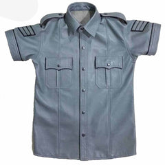 Camisa de manga corta de cuero gris de uniforme de policía para hombre con ribete negro