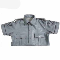 Camisa de manga corta de cuero gris de uniforme de policía para hombre con ribete negro