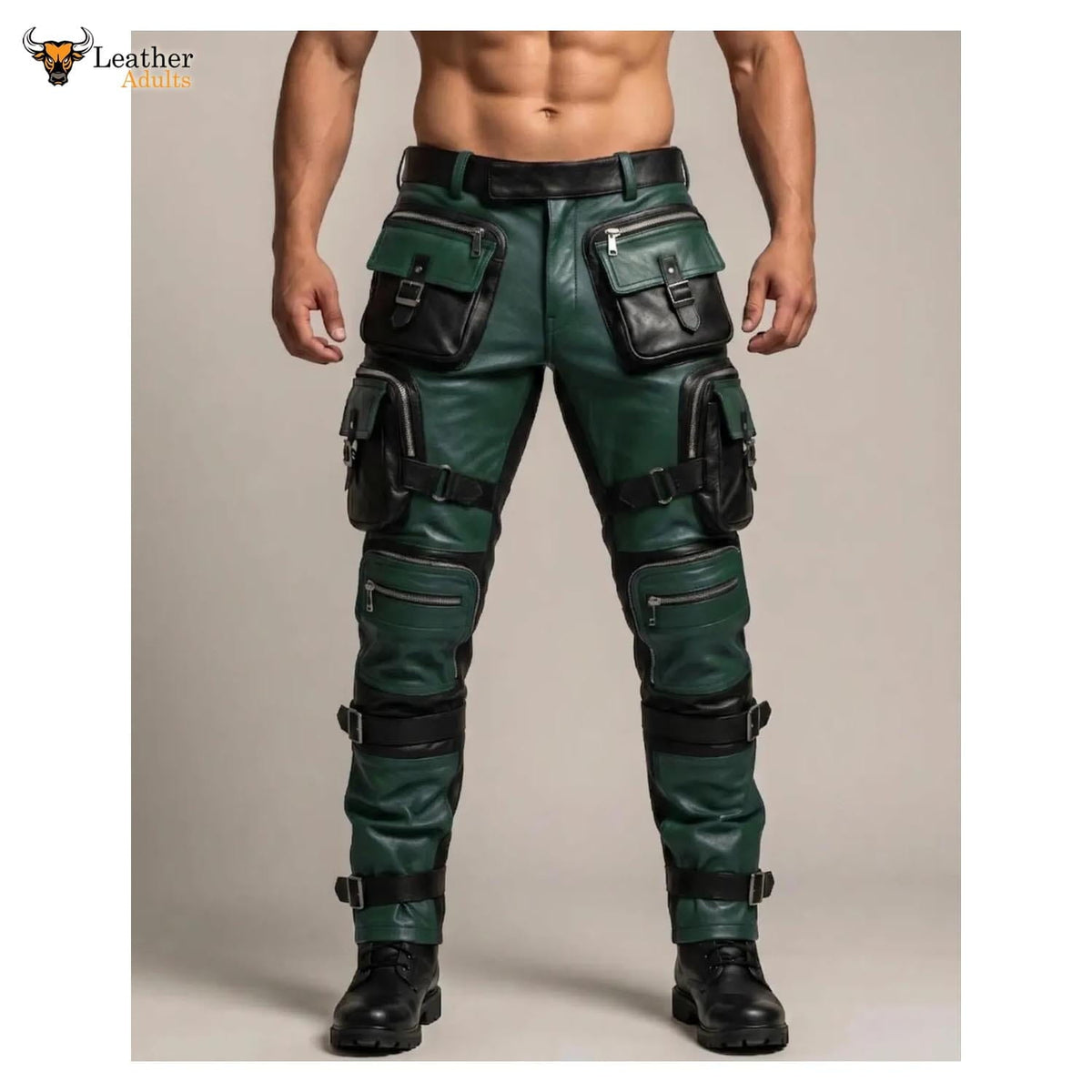 Pantalones tácticos de motorista de cuero verde y negro para hombre