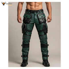 Pantalones tácticos de motorista de cuero verde y negro para hombre
