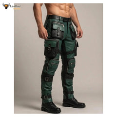 Pantalones tácticos de motorista de cuero verde y negro para hombre