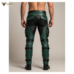 Pantalones tácticos de motorista de cuero verde y negro para hombre