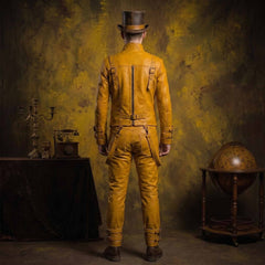Direct rear full view of handmade mustard yellow leather trousers and jacket showcasing back pockets, suspenders, and top hat