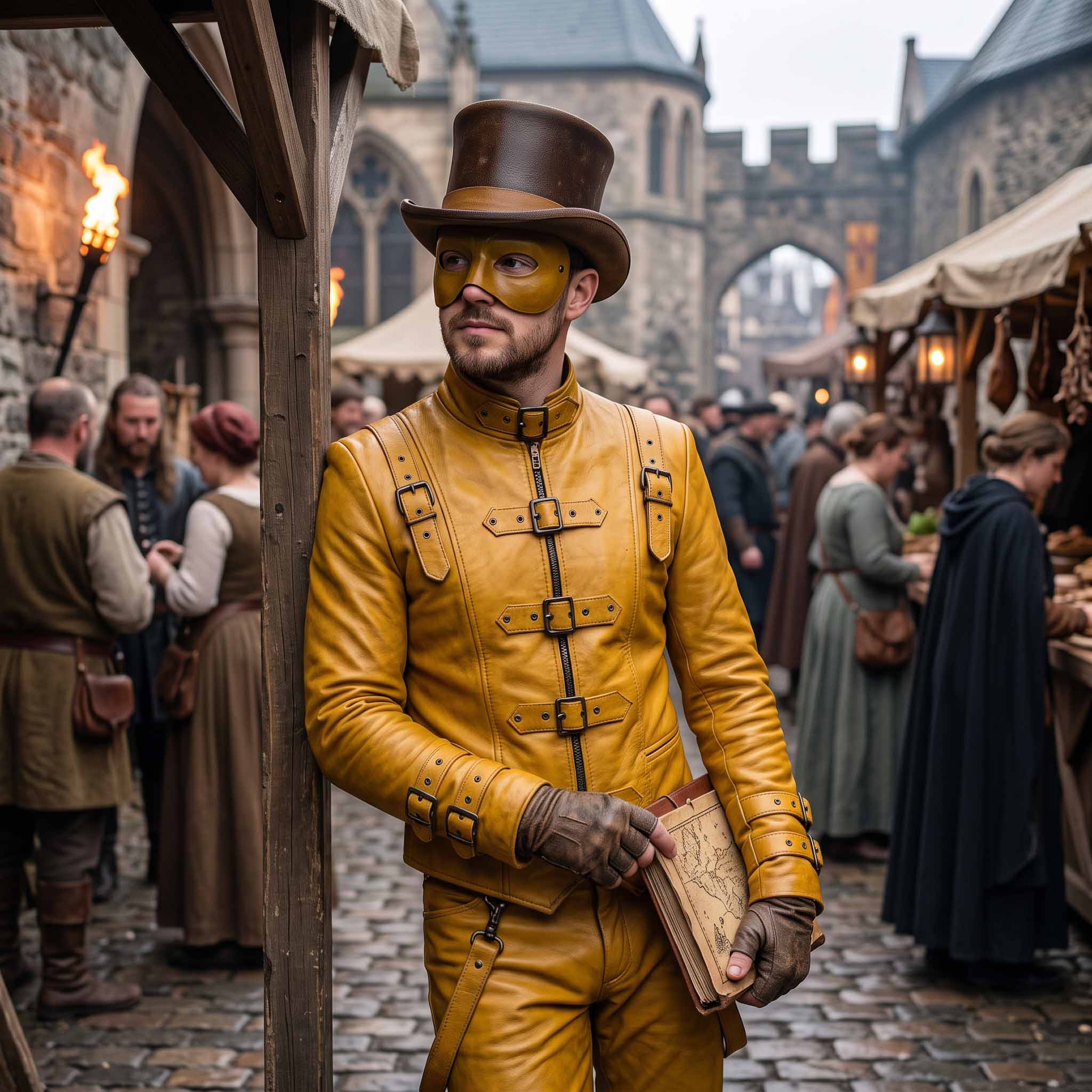 Gentleman in mustard yellow leather gothic jacket and suspender trousers leaning against wooden post holding antique leather book in village square