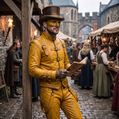Steampunk adventurer wearing high collar mustard yellow leather suit reading open journal amidst bustling historical market scene
